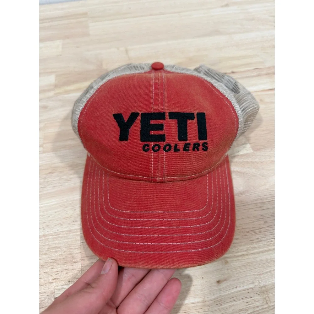 Yeti Coolers Distressed Snapback Hat Adjustable Red Beige Men Accessories OSFM